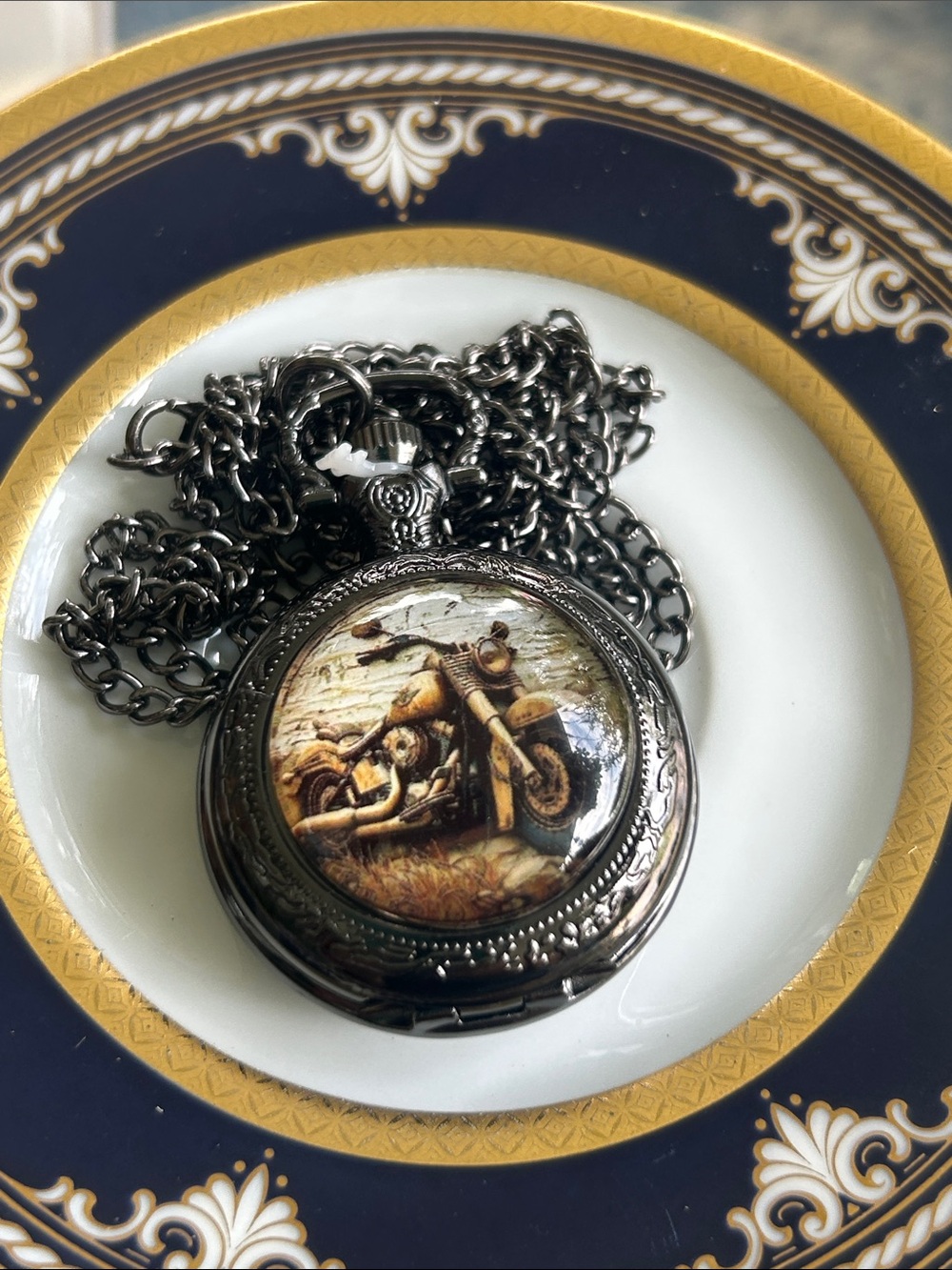 Vintage-Style Motorcycle Pocket Watch Necklace